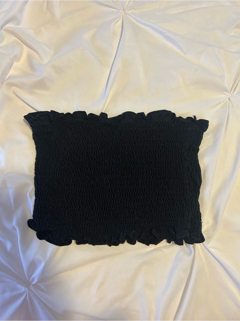 Black Smocked Tube Top with Ruffle Trim